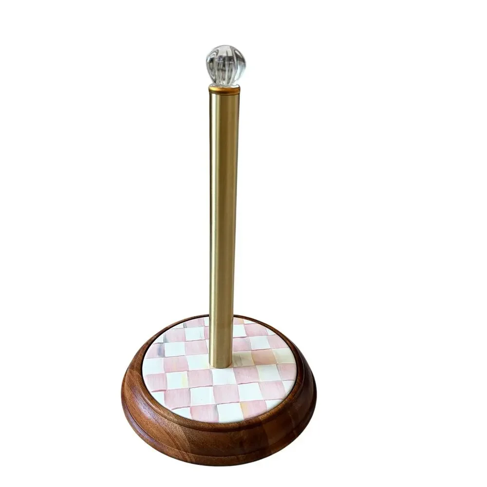 MacKenzie-Childs Rosy Check Wood Paper Towel Holder Farmhouse Kitchen New